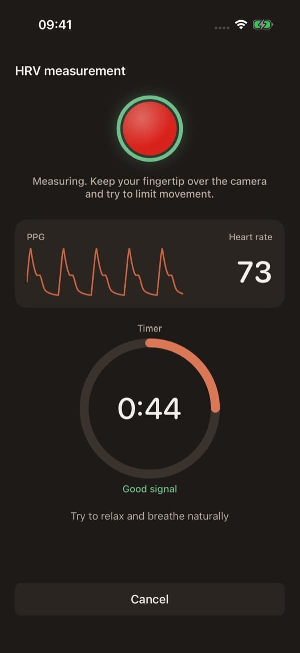 The Onni Health app measuring, with a live pulse wave, a heart rate of 73 and a one minute timer